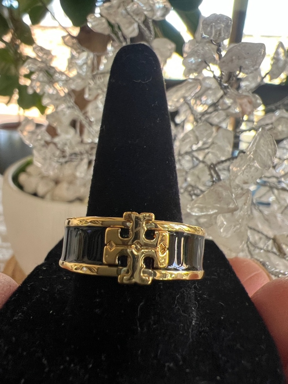 Tory Burch Black Enamel and Gold Logo Ring Size 7